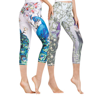 Buddha Gift Lotus Cherry Blossom Gradient Peacock Print Lycra Fabric Sports Cropped Leggings Women's Yoga Capri Pants
