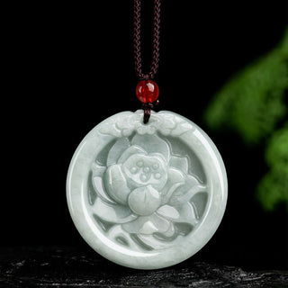 Buddha Gift Natural Jade Lotus Flower Carved Prosperity Necklace Pendant