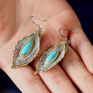 Buddha Gift 925 Sterling Silver Turquoise Bodhi Leaf Pattern Protection Drop Dangle Earrings