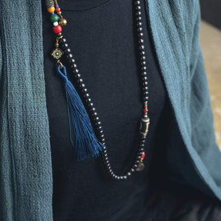 Buddha Gift 108 Beads Mala Ebony Wood Dzi Bead Copper Balance Tassel Bracelet