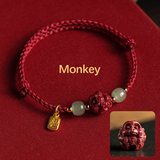 Buddha Gift Natural Cinnabar Chinese Zodiac Hetian Jade Fu Character Luck Rope Bracelet
