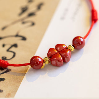 Buddha Gift Four Leaf Clover Cinnabar Blessing Calm String Bracelet Anklet