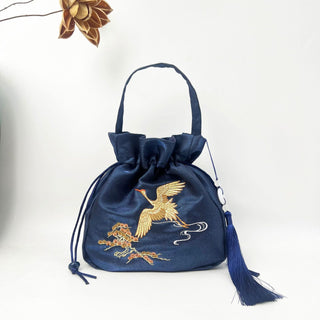 Buddha Gift Embroidered Lotus Koi Fish Crane Camellia Cotton Linen Tote Crossbody Bag Shoulder Bag Handbag