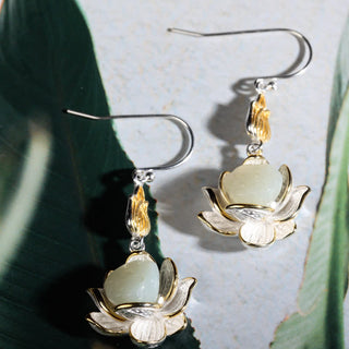 Buddha Gift White Jade Protection Harmony Drop Earrings