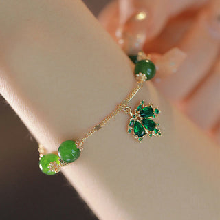 Buddha Gift 14k Gold Plated Green Chalcedony Maple Leaf Courage Strength Bracelet