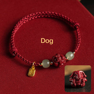 Buddha Gift Natural Cinnabar Chinese Zodiac Hetian Jade Fu Character Luck Rope Bracelet