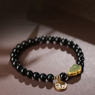 Buddha Gift Natural Black Obsidian Hetian Jade Gourd Double Happiness Strength Bracelet