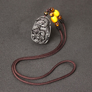 Buddha Gift Black Obsidian Tiger Eye Dragon Phoenix Protection Beaded Necklace Pendant