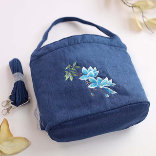 Buddha Gift Embroidery Wisteria Plum Lotus Cherry Blossom Cotton Linen Canvas Tote Crossbody Bag Shoulder Bag Handbag
