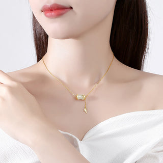 Buddha Gift 925 Sterling Silver 22K Gold Hetian White Jade Bamboo Leaf Luck Necklace Pendant Bracelet