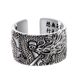 Buddha Gift 999 Sterling Silver Dragon Carved Pattern Protection Success Ring