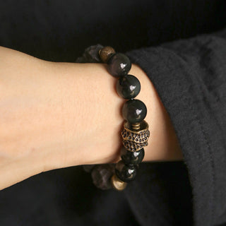Buddha Gift Black Obsidian Ebony Wood Copper Strength Couple Bracelet