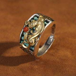 Buddha Gift 925 Sterling Silver Turquoise Red Agate PiXiu Abacus Protection Ring