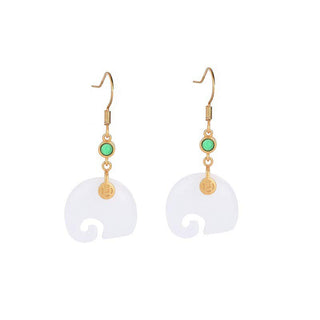 Buddha Gift FengShui Elephant White Jade Fortune Earrings