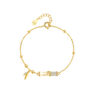 Buddha Gift 925 Sterling Silver 18K Gold Plated White Jade Bamboo Zircon Leaf Luck Bracelet