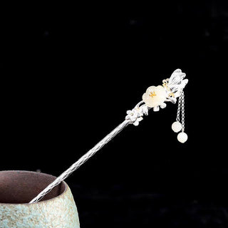 Buddha Gift 925 Sterling Silver Hetian White Jade Flower Blessing Hairpin