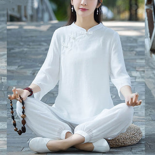 Buddha Gift 2Pcs Plain Design Top Pants Meditation Yoga Zen Tai Chi Cotton Linen Clothing Women's Set