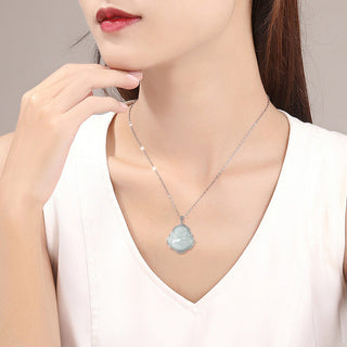 Buddha Gift 925 Sterling Silver Laughing Buddha Natural Jade Abundance Necklace Pendant