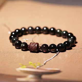 Buddha Gift Natural Gold Sheen Obsidian Rainbow Obsidian Om Mani Padme Hum Fu Character Healing Bracelet