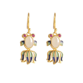 Buddha Gift 925 Sterling Silver Hetian White Jade Red Agate Cute Fish Happiness Drop Earrings