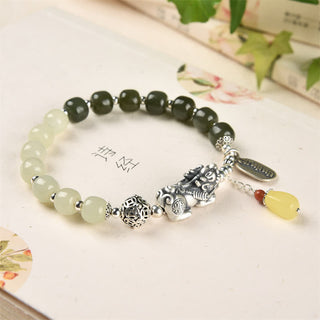 Buddha Gift 925 Sterling Silver Natural Hetian Jade Amber PiXiu Luck Bracelet
