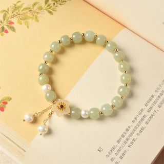 Buddha Gift Hetian Jade Flower Pearl Happiness Abundance Bracelet
