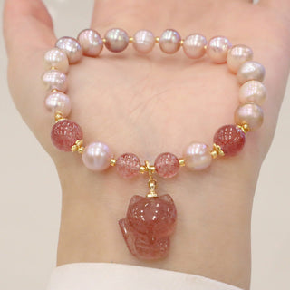 Buddha Gift Natural Pearl Strawberry Quartz Cute Fox Love Healing Charm Bracelet