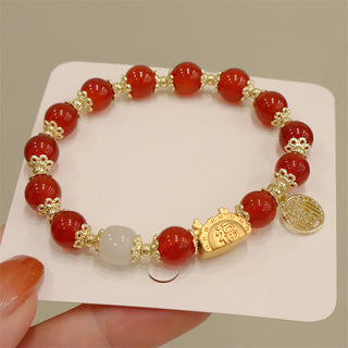 Buddha Gift Year Of The Dragon Red Agate Strawberry Quartz Black Obsidian Jade Garnet Pearl Cinnabar Dumpling Dragon Luck Fu Character Bracelet