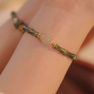 Buddha Gift 14K Copper Plated Peridot Hetian Jade Bamboo Pattern Luck Bracelet
