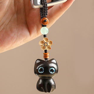 Buddha Gift Mini Small Leaf Red Sandalwood Ebony Wood Lucky Cat Lovely Kitty Peace Key Chain Phone Hanging Decoration