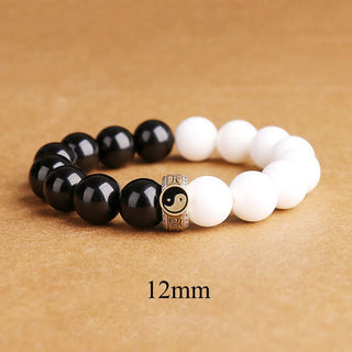 Buddha Gift 925 Sterling Silver Black Obsidian White Shell Yin Yang Strength Bracelet
