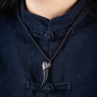 Buddha Gift 925 Sterling Silver Black Obsidian Wolf Tooth Pattern Strength Necklace Pendant