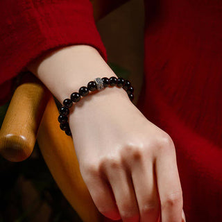 Buddha Gift Chinese Zodiac Natal Buddha 925 Sterling Silver Black Obsidian Moonstone Strength Bracelet