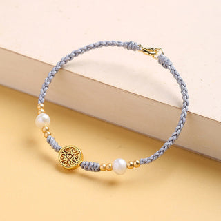 Buddha Gift Copper Coin Fortune Tree Pearl Luck Blue Rope Braided Bracelet