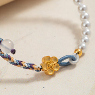 Buddha Gift 925 Sterling Silver Peach Blossom Pearl Chalcedony Healing Rope Bracelet
