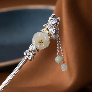 Buddha Gift 925 Sterling Silver Hetian White Jade Flower Blessing Hairpin