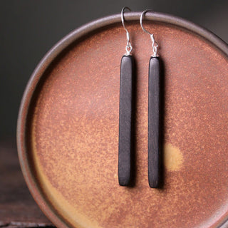 Buddha Gift 925 Sterling Silver Ebony Wood Texture Balance Peace Drop Dangle Earrings