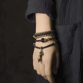 Buddha Gift Ebony Wood Dzi Bead Copper Peace Couple Bracelet Necklace Pendant