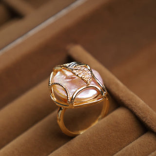 Buddha Gift Pearl Copper Plated Gold Flower Happiness Wealth Ring