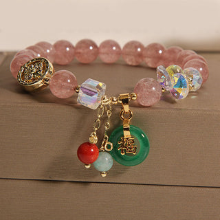 Buddha Gift Strawberry Quartz Jade Fu Character Charm Healing Bracelet