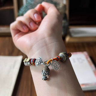 Buddha Gift Handmade Tibetan 925 Sterling Silver Chinese Zodiac Natal Buddha Zakiram Goddess of Wealth Protection Multicolored Rope Braided Bracelet