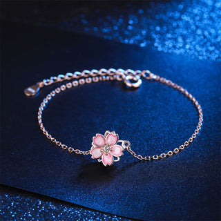 Buddha Gift 925 Sterling Silver Cherry Blossom Blessing Chain Bracelet Rotatable Ring