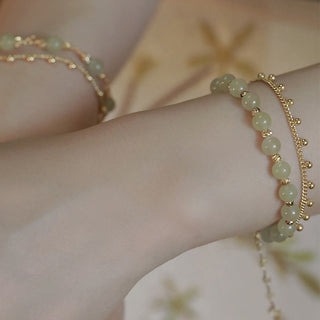 Buddha Gift 14K Gold Plated 2 Layers Hetian Jade Bead Luck Prosperity Bracelet