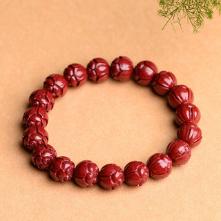 Buddha Gift Natural Cinnabar Om Mani Padme Hum Fret Pattern Lotus Blessing Bracelet