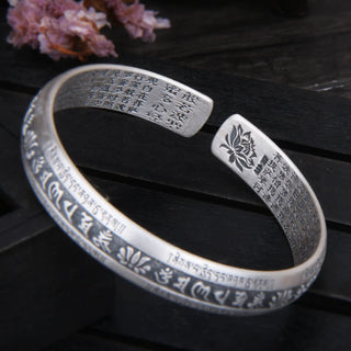 Buddha Gift 999 Sterling Silver Om Mani Padme Hum Heart Sutra Lotus Peace Bracelet Bangle