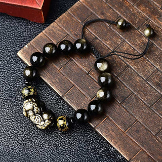 Buddha Gift Natural Gold Sheen Obsidian PiXiu Om Mani Padme Hum Wealth Braided Bracelet
