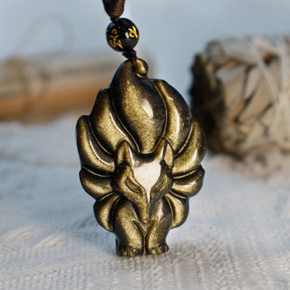 Buddha Gift Natural Rainbow Obsidian Gold Sheen Obsidian Nine Tailed Fox Positive Necklace Pendant