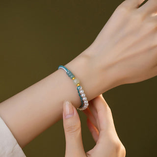 Buddha Gift 925 Sterling Silver Hetian Jade Braided Rope Pearl Abundance Bracelet