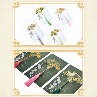Buddha Gift Traditional Butterfly Lotus Flower Crane Dragon Phoenix Fox Koi Fish New Beginning Metal Brass Hollow Fan Bookmarks