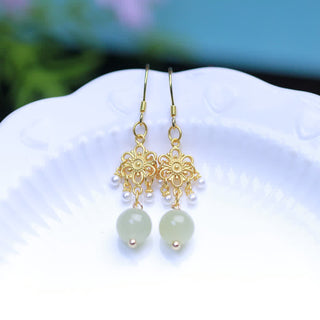 Buddha Gift Hetian Jade Flower Pattern 14K Gold Plated Luck Drop Dangle Earrings